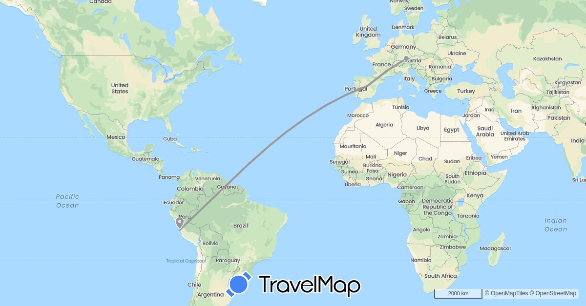TravelMap itinerary: driving, plane in Germany, Spain, Peru (Europe, South America)